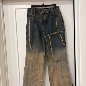 Fashion Nova Blue and Tan Flare Jeans